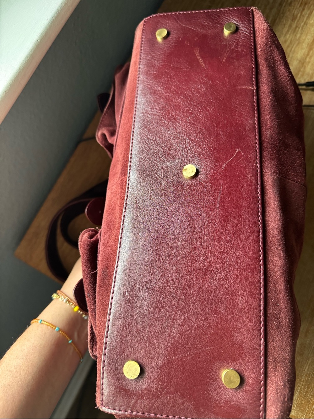 Burgundy Suede & Leather Satchel Tote with Gold Hardware - Picture 6 of 16